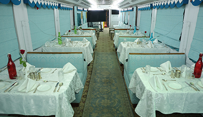 Maharaja Restaurant interior with blue upholstery and royal decor